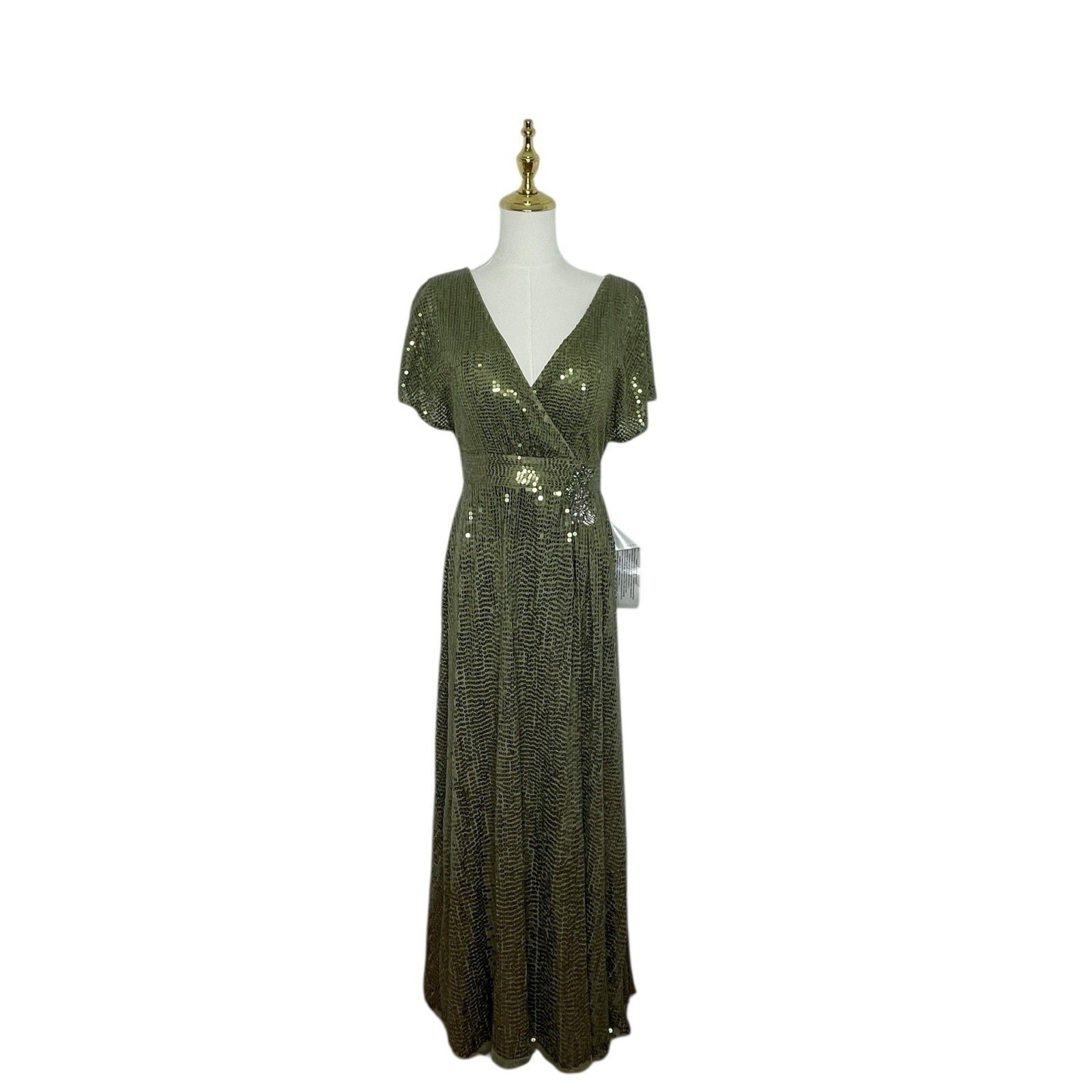 Mac Duggal 10773 Olive Green Sequin Butterfly Sleeve Faux Wrap Dress Size 4 $598