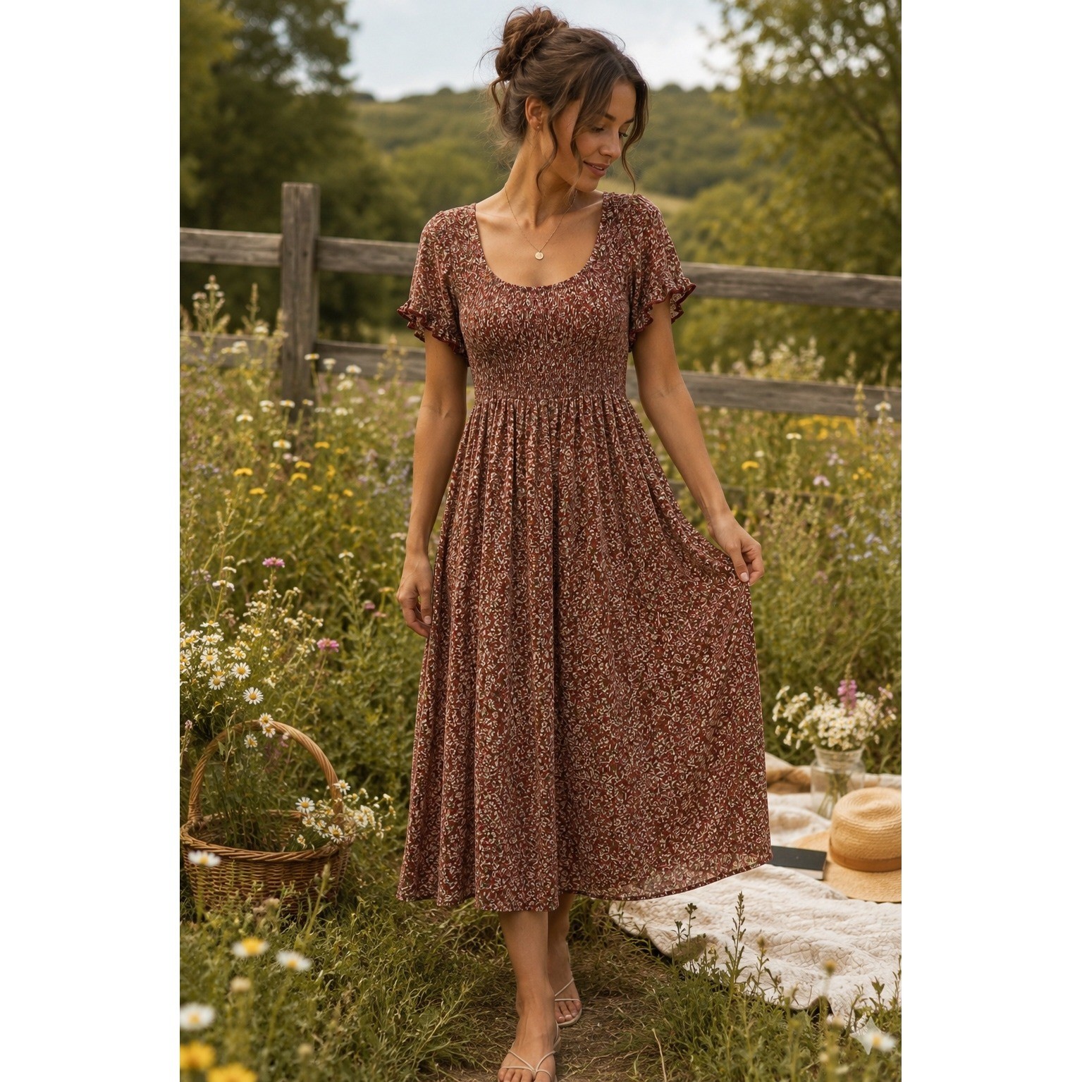 Natural Life Rust Floral Smocked Midi Dress Womens Medium Boho Cottagecore Rayon
