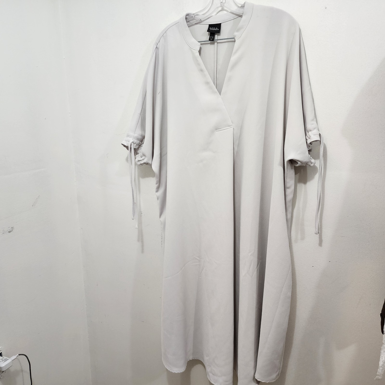 ULLA POPKEN Tie Sleeve Kimono A-line Dress Light Gray Puff Sleeve Pockets 20/22