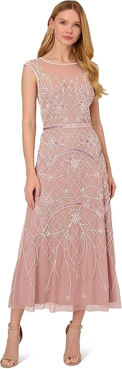 Adrianna Papell Womens Size 12 Beaded Ankle Length Dress Dusted Petal Ivory NWT
