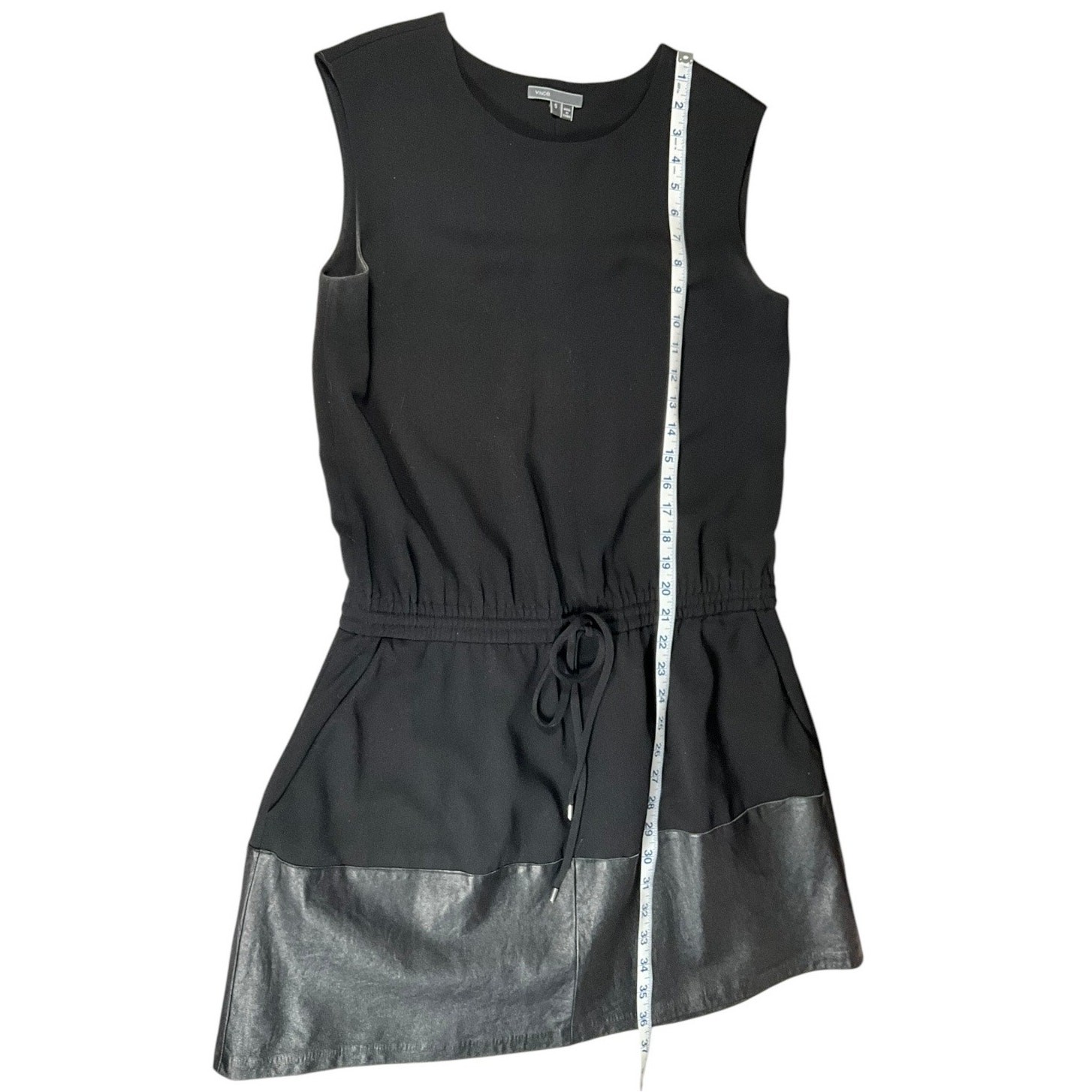 VINCE Lamb Leather Contrast Drawstring Waist Black Dress Small Preppy All Season