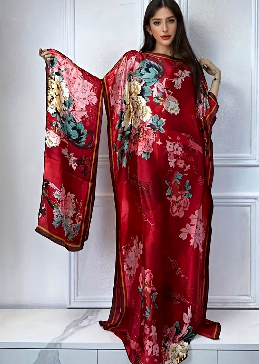 Red/Pink/Green Floral Round Neck Long Sleeve Long Kaftan Dress One Size
