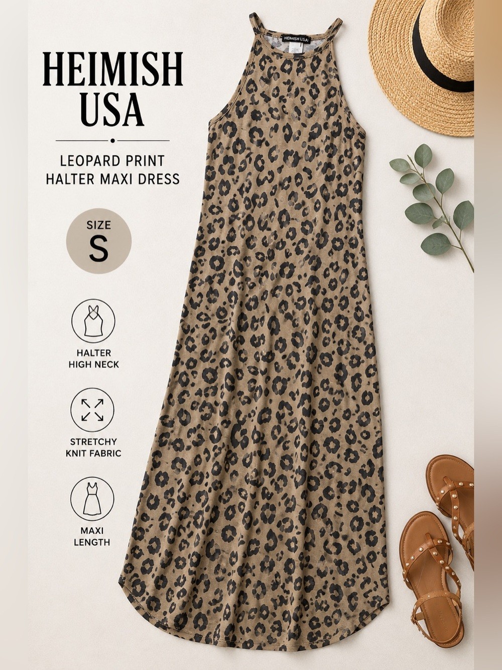 HEIMISH USA Leopard Print Halter Maxi Dress – Taupe & Black