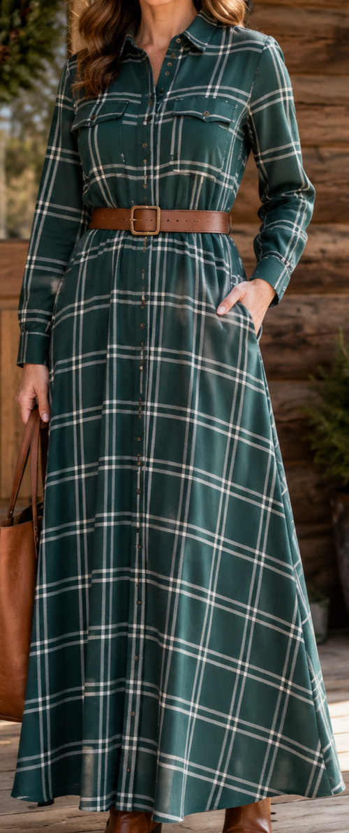 Green Plaid Shirt Dress Midi Button Front Long Sleeve w Belt Pockets