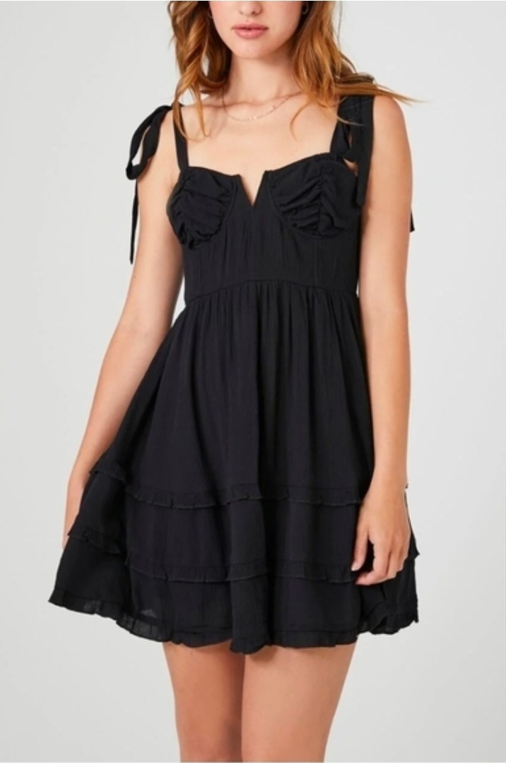 Honey Peach Black Sweetheart Mini Dress Strappy Tie Bow Ruffle Zip Back M