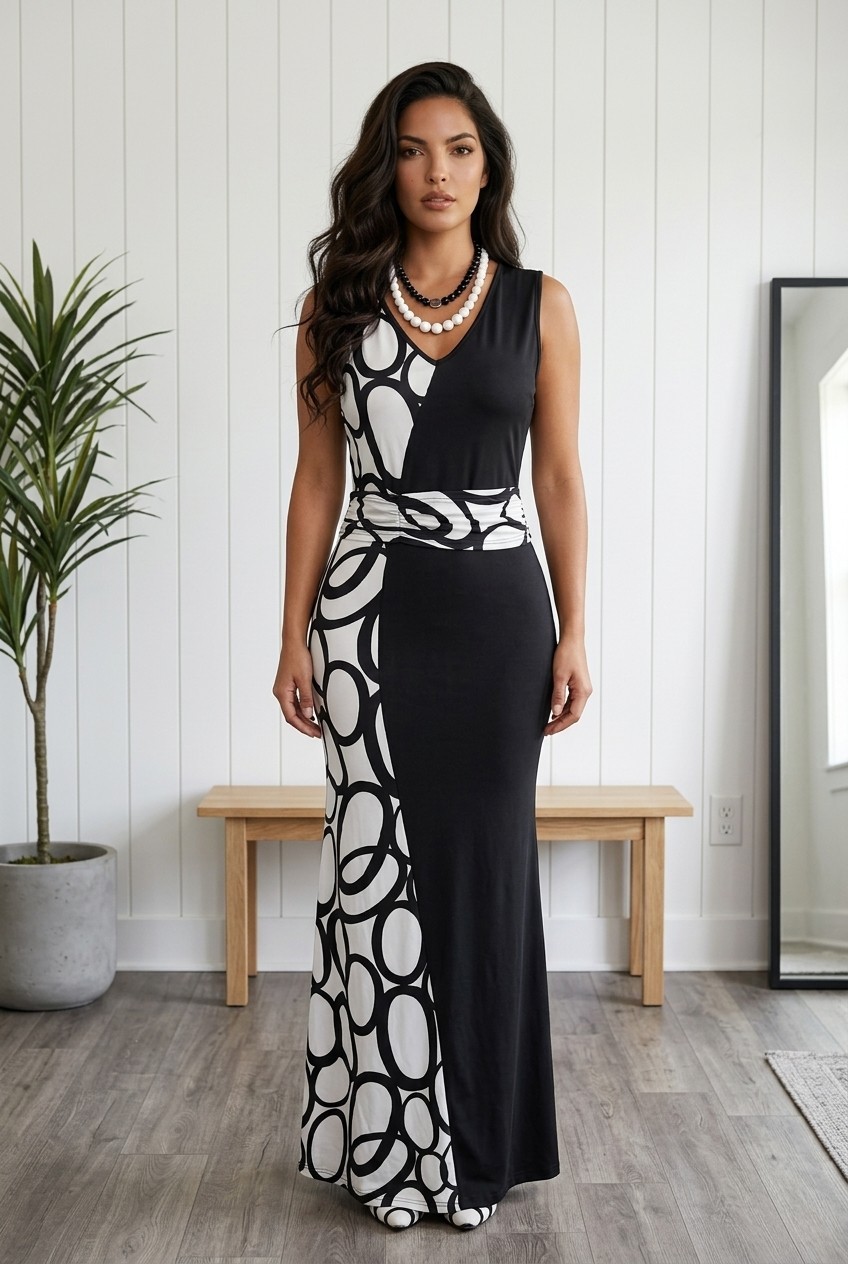 Elegant long dress with geometric design black and white