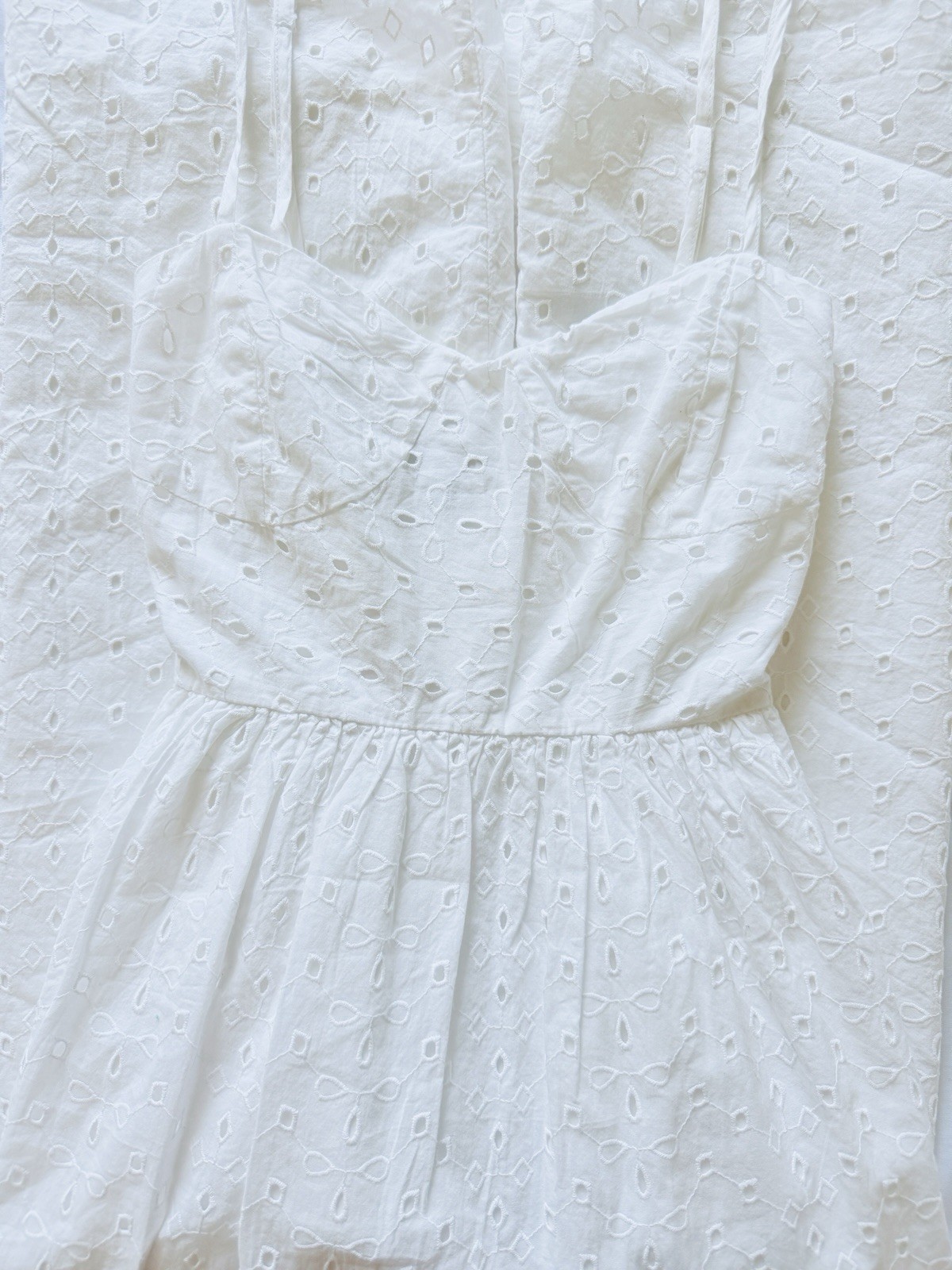 BOHOA New Day White Cotton Eyelet Lined Smocked Sweetheart Pullover Midi Dress S