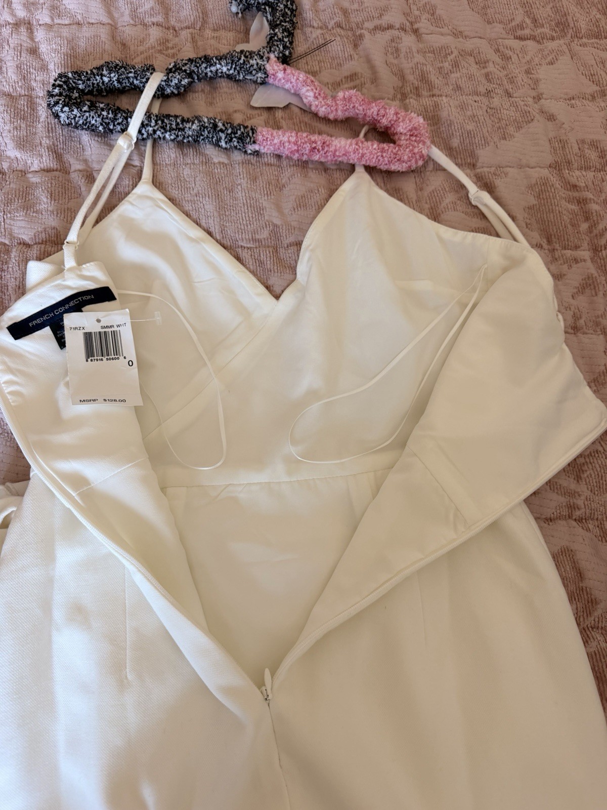 French Connection White Satin Wrap Mini Dress Sz 0 V-Neck Bow Zip Straps