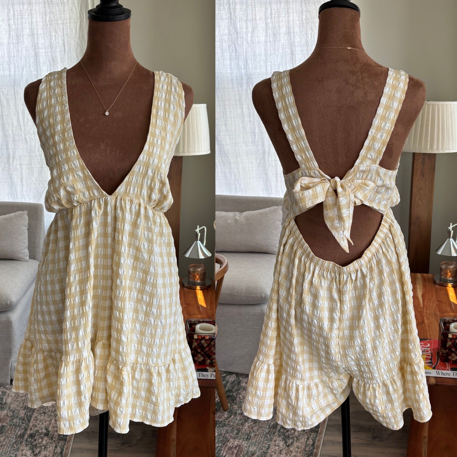 PrettyLittleThing Yellow Gingham Plunging Romper Skort Ruffle Preppy Summer US 6