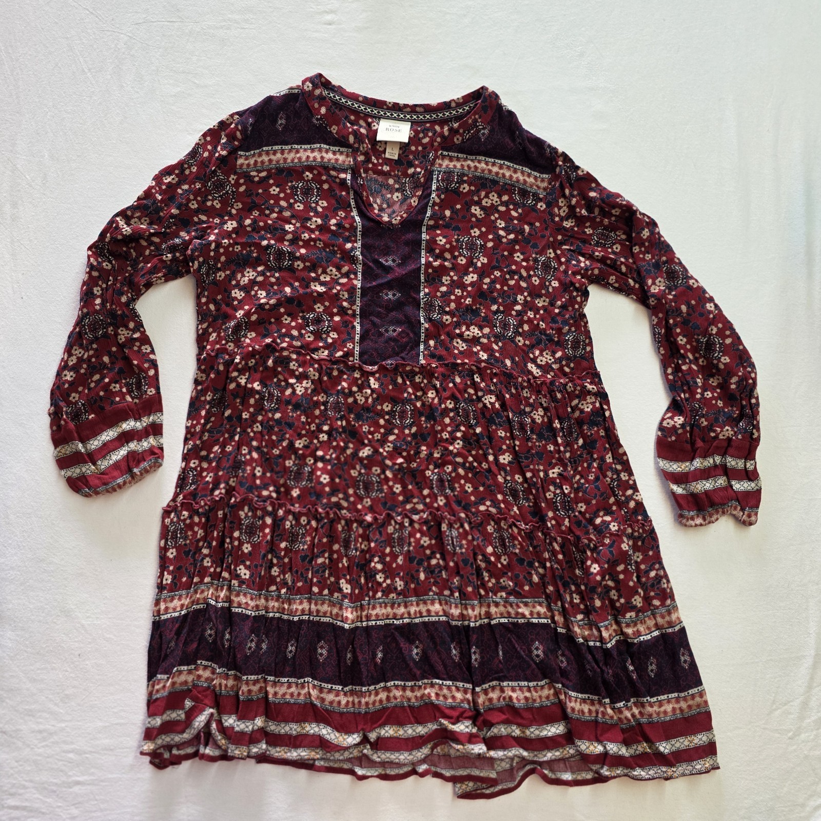 Knox Rose Women’s Large A-Line Dress V Neck Floral Red Lightweight Pullover
