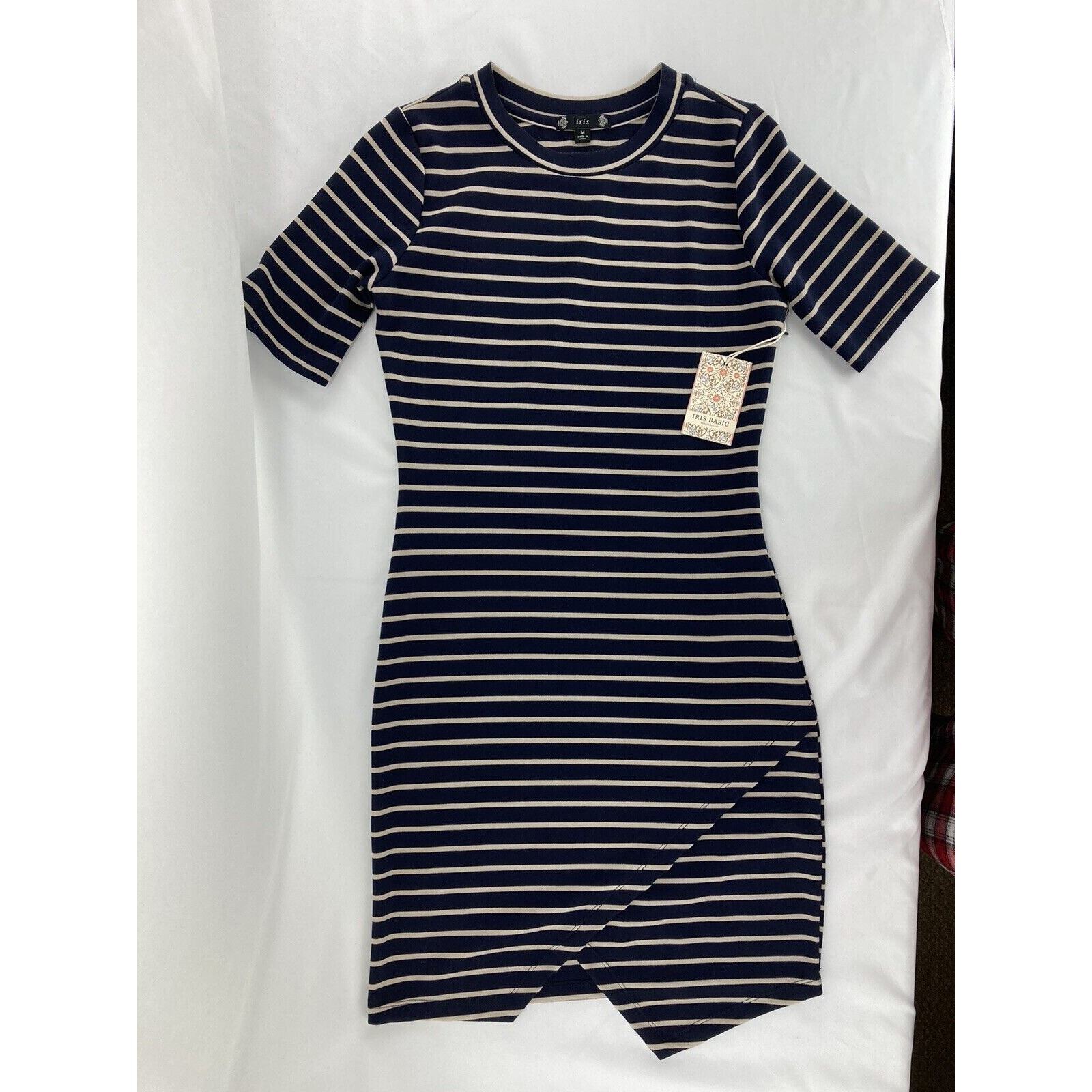 Iris Basic Womens Dress Medium Blue Tan Stripes Bodycon Asymmetrical Slit NWT