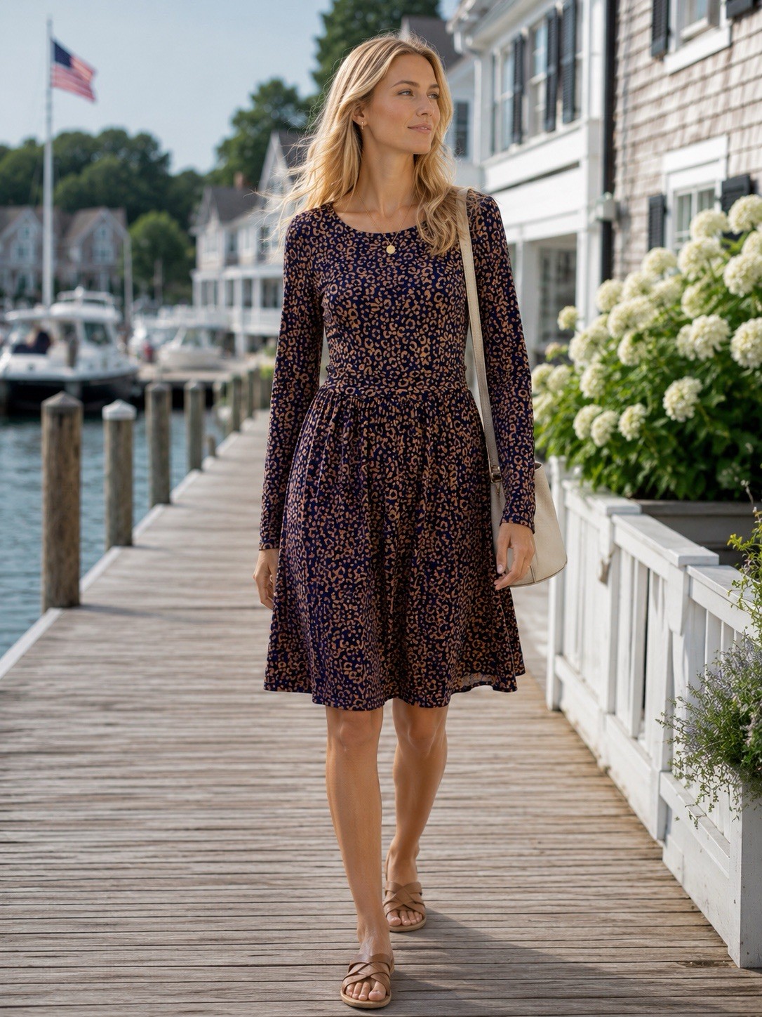 Boden Women’s Navy Tan Leopard Print Long Sleeve Jersey Dress US 6R Classic