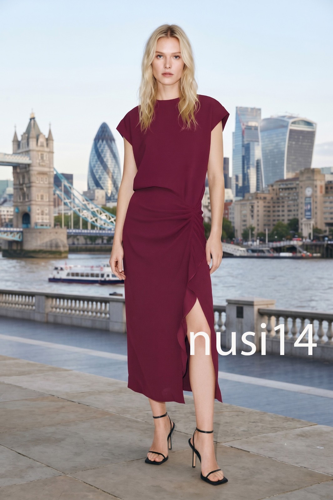 ZARA NEW WOMAN ZW COLL RUFFLED MIDI DRESS SLIT BURGUNDY XS-XXL 2252/281/681
