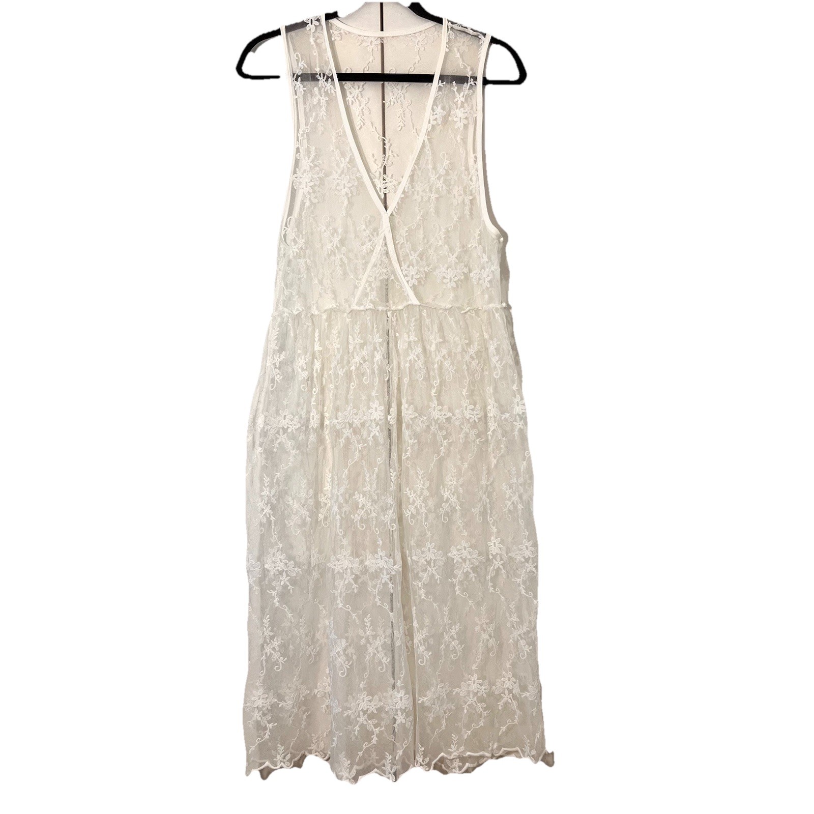 Fairy Romantic Lace Slip Dress White Floral Sheer Midi Sleeveless V-Neck Boho L