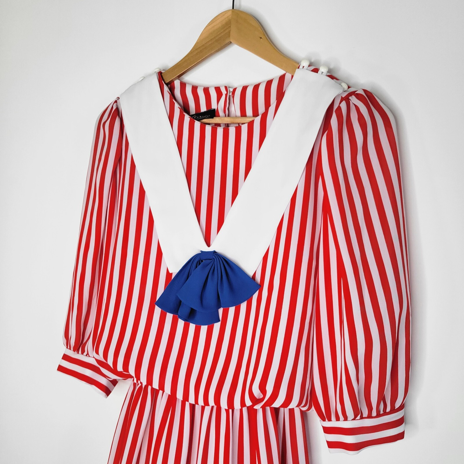 Vintage Striped 1940s Size XS Sailor Blouson Dress Red Collar Bow Clown Nautical