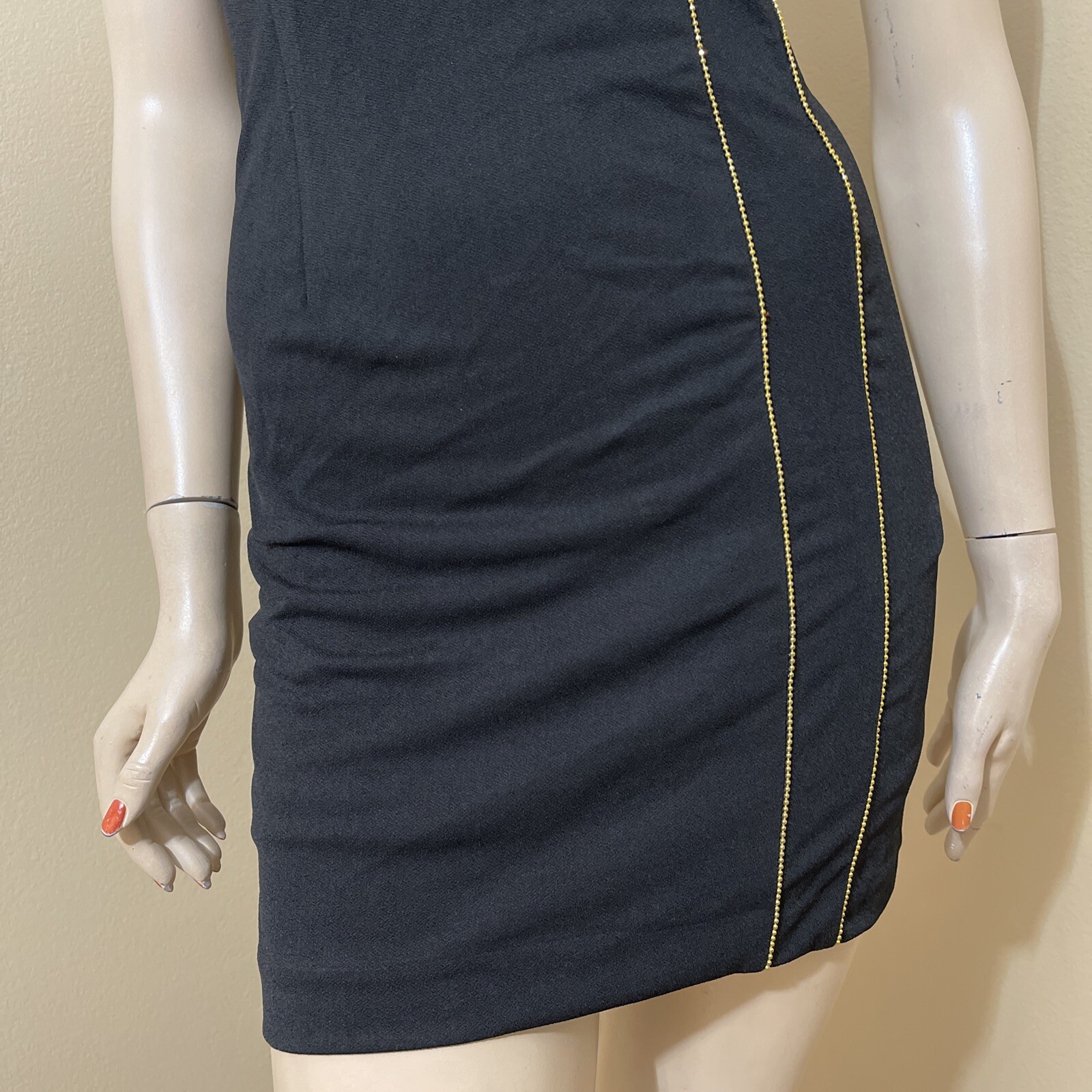 Women Black Polyester Party Stretch Slim Asymmetric Lined Beads Zip Size S Dress