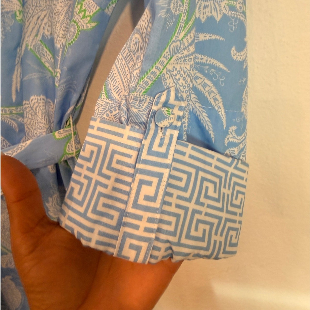Patty Kim Blue Tropical Peacock Belted Shirt Dress Small