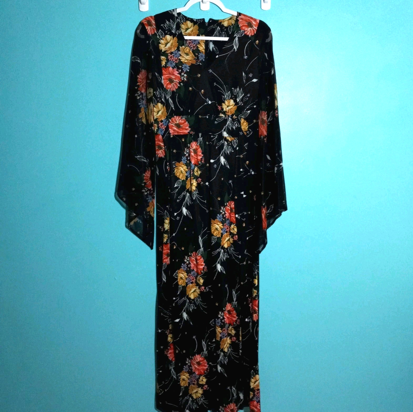 Vintage 70s Maxi Dress sz XS Small, Black Floral Sheer Sleeve Retro Party *stain