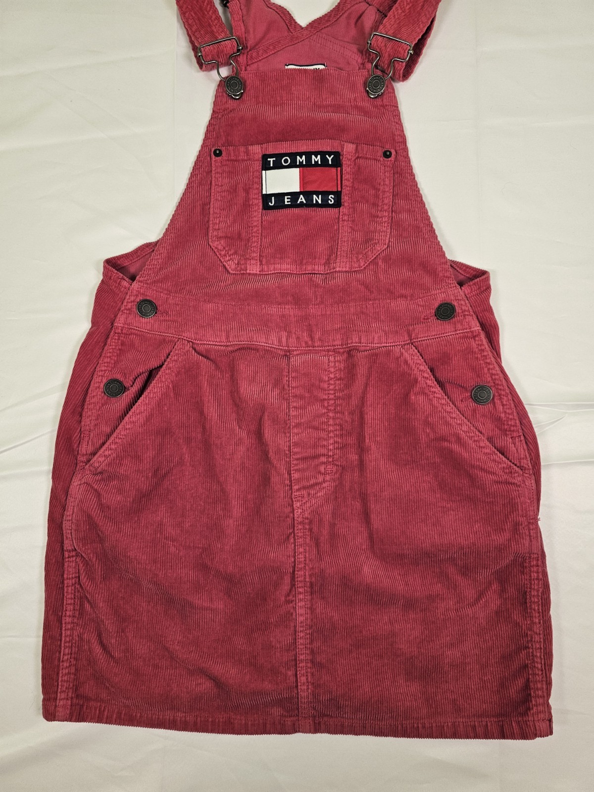 Tommy Jeans Dungaree Dress Women XS Burgundy Red Corduroy Overalls Flag 90s Y2K
