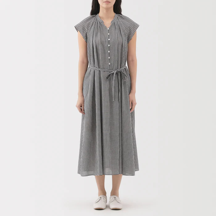 Muji Women’s High Twisted Veil French Sleeve Patterned Dress Balck Check Small S