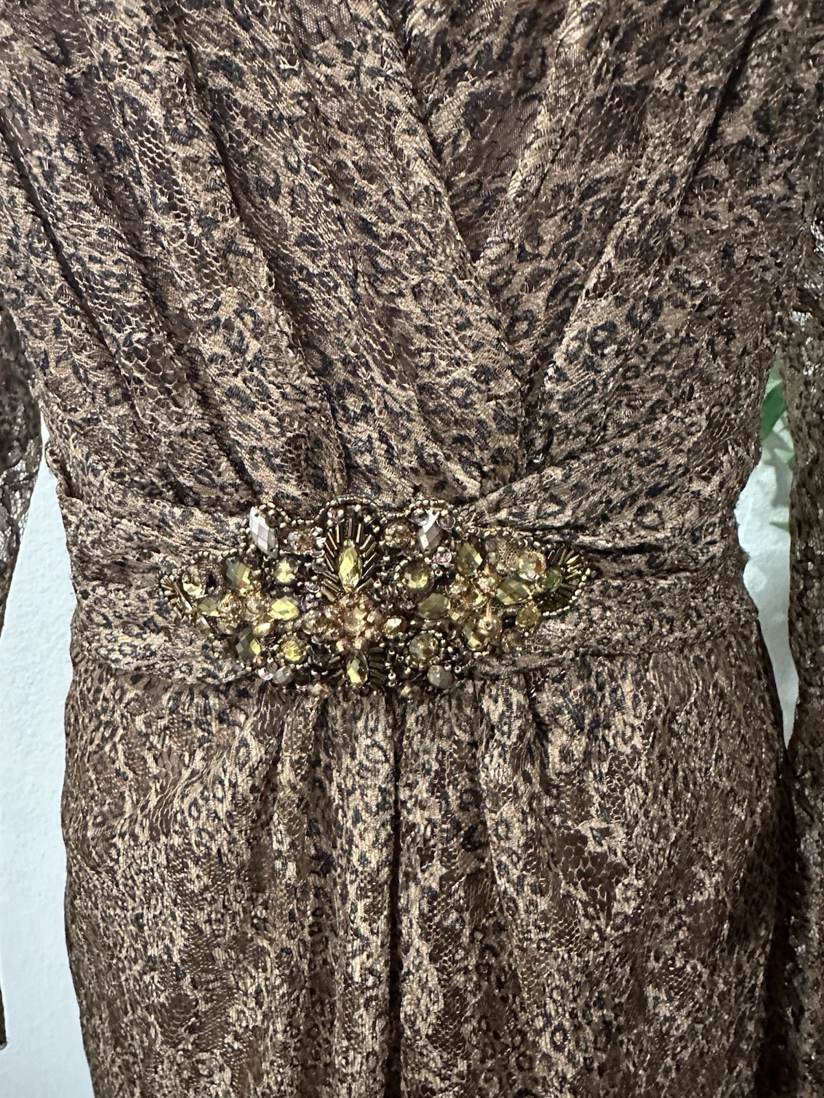 David Meister Leopard Print Lace Lined Evening Midi Dress With Jeweled Belt Sz 6