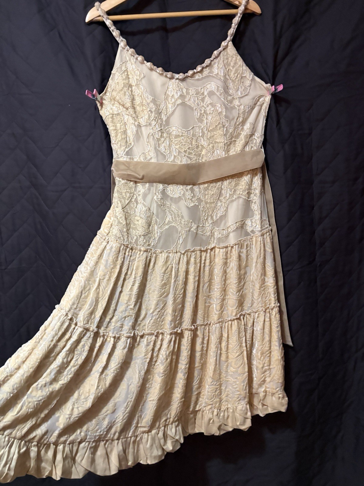 OKY-COKY Beige Floral Lace A-Line Knee Dress Spaghetti Straps Lined 42