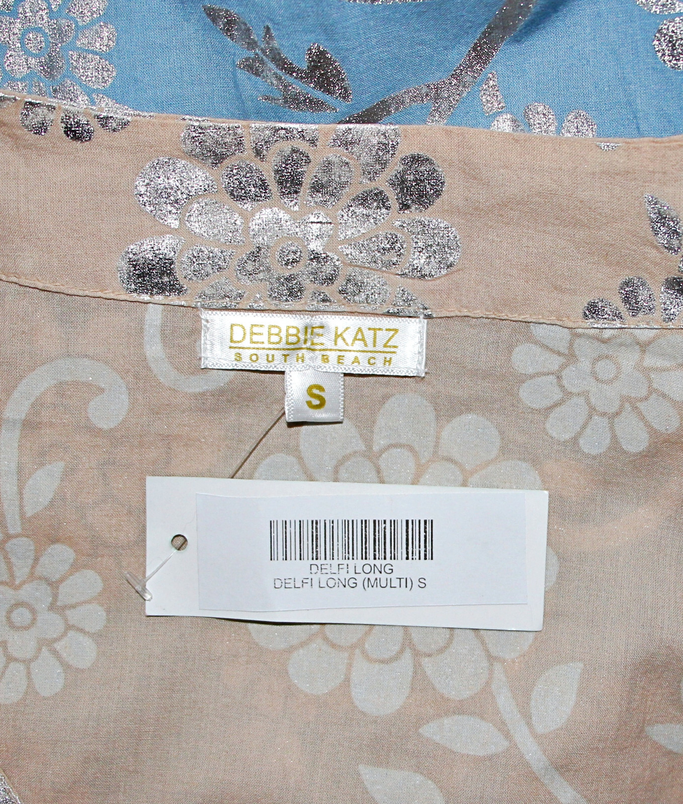 DEBBIE KATZ Delfi Long Metallic Block Print Tunic Dress Beige/Blue sz S $114