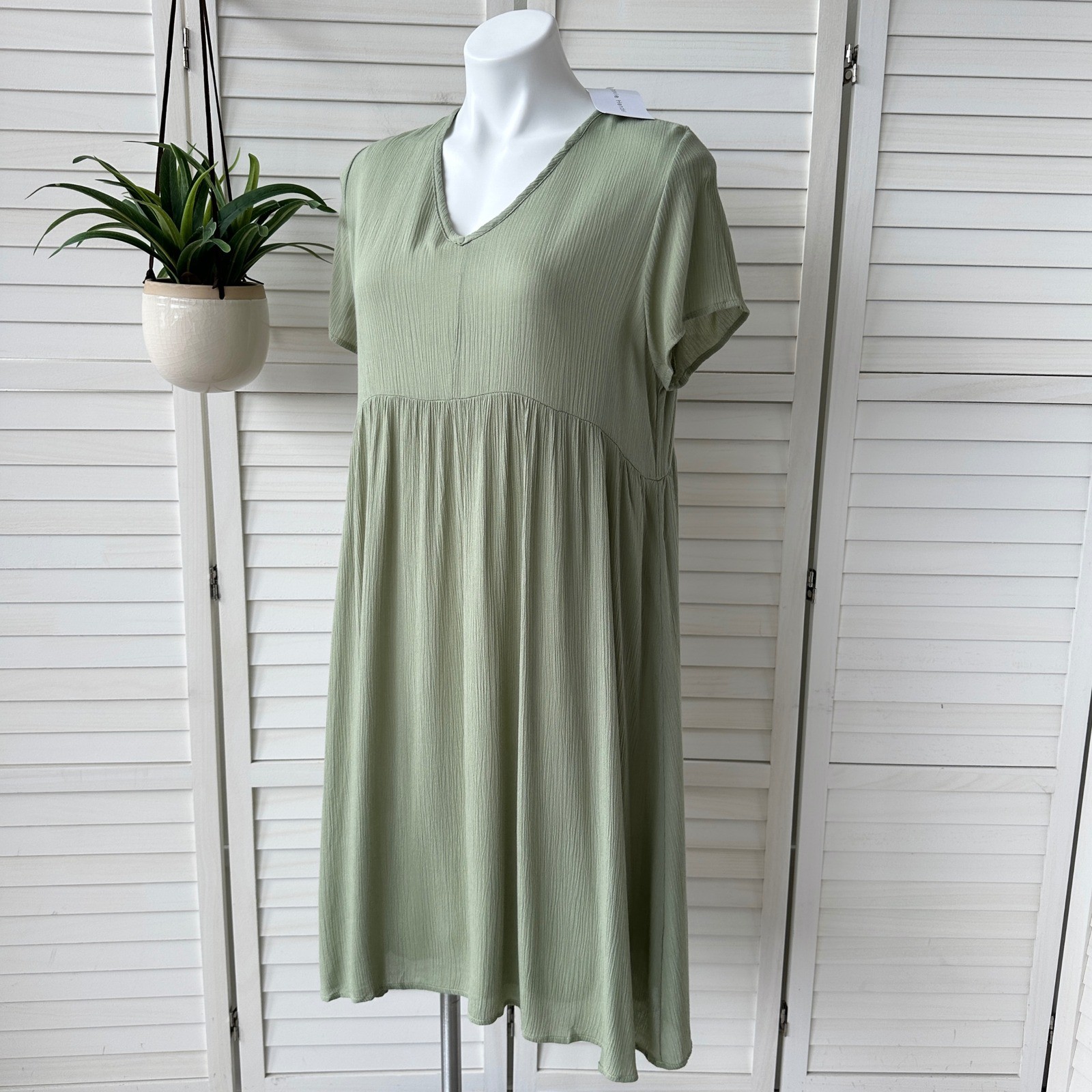 New Stevie Hender Green Crinkle V Neck Dress Short Sleeve Cottagecore Size L