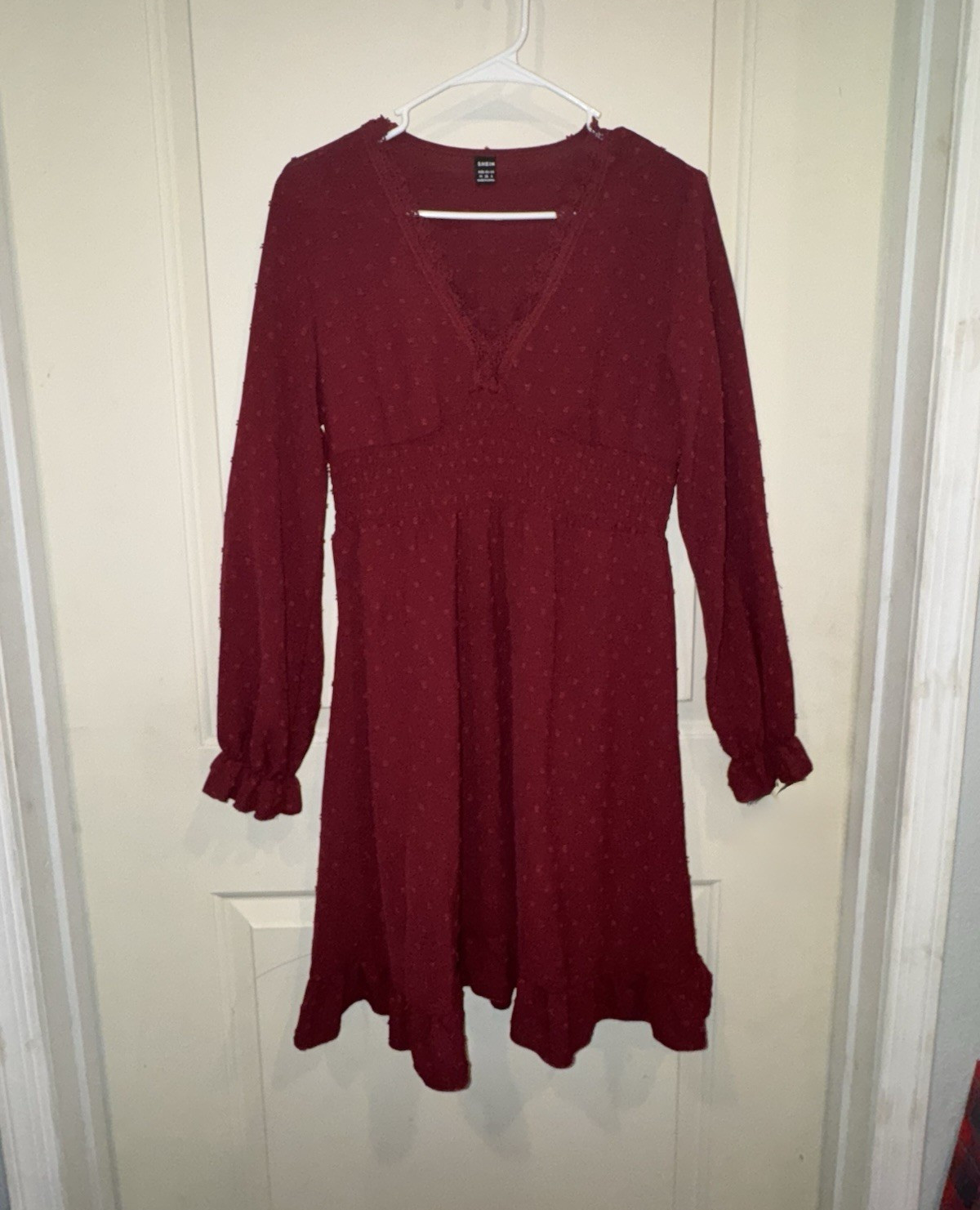SHEIN Burgundy V-Neck Long Sleeve Lace Polka Dot Fit & Flare Dress L
