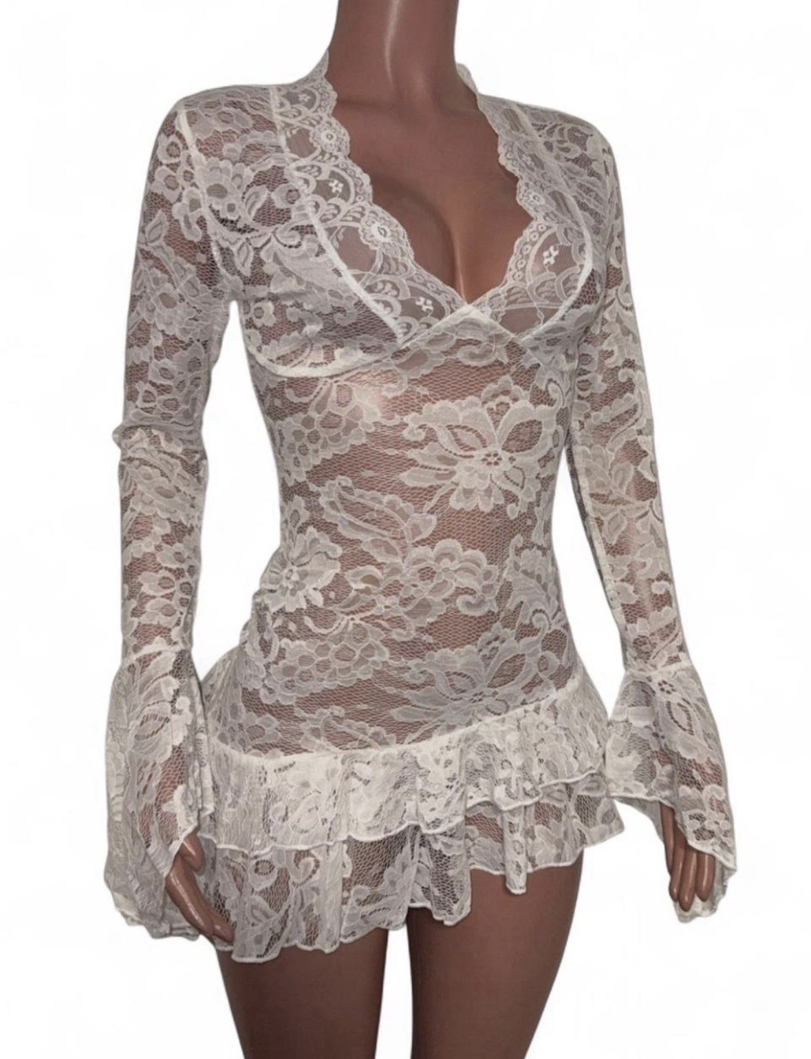 Fairy White Lace Ruffled Micro Mini Dress M Festival Going Out See Thru Beachy