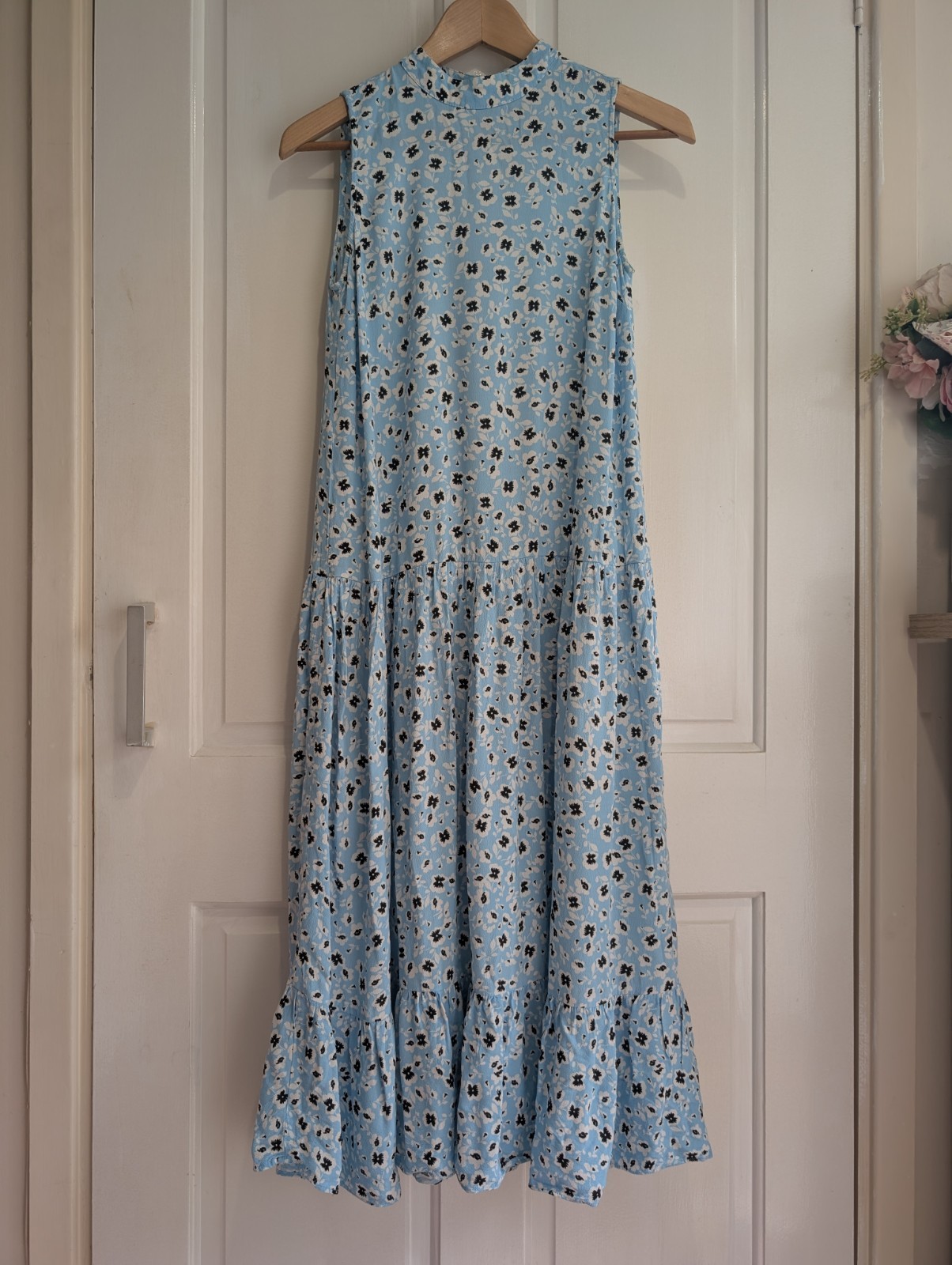 Topshop Blue Floral Tiered Summer Midi Dress Size 10 Ruffle Hem Floaty