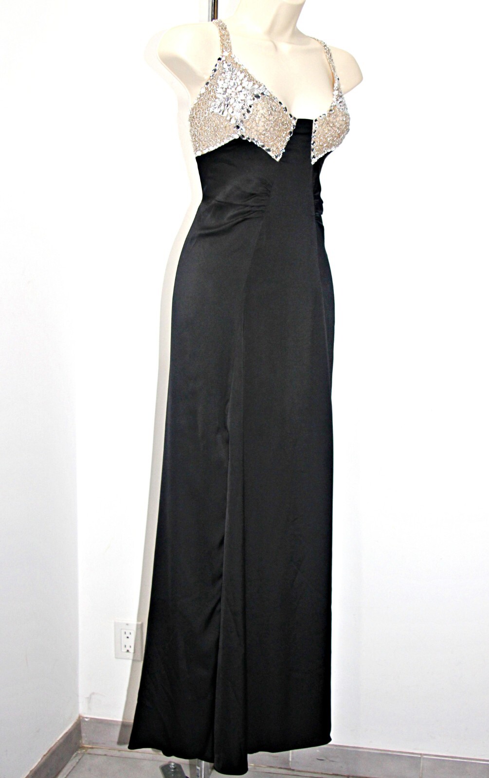 PatBO crystal-beaded side-high-slit open-back black satin gown sz 10 $995