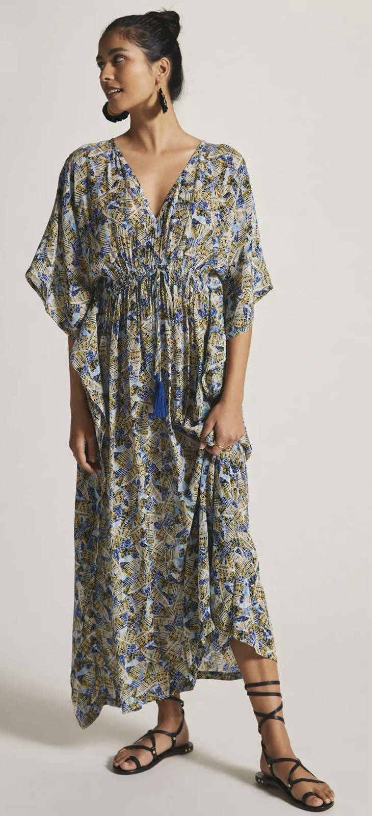 Anthropologie Rujuta Sheth Dress Cinch Kaftan Block Print Maxi Boho Resort OS