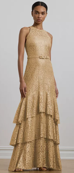 Ralph Lauren Gold Gown Size 8 Lace Fit & Flare Tiered Ruffle Belted NWT APR140