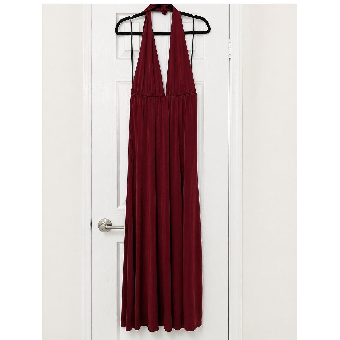 Windsor Burgundy Red Halter Maxi Dress Deep V-Neck High Slit Formal Gown NWT Med