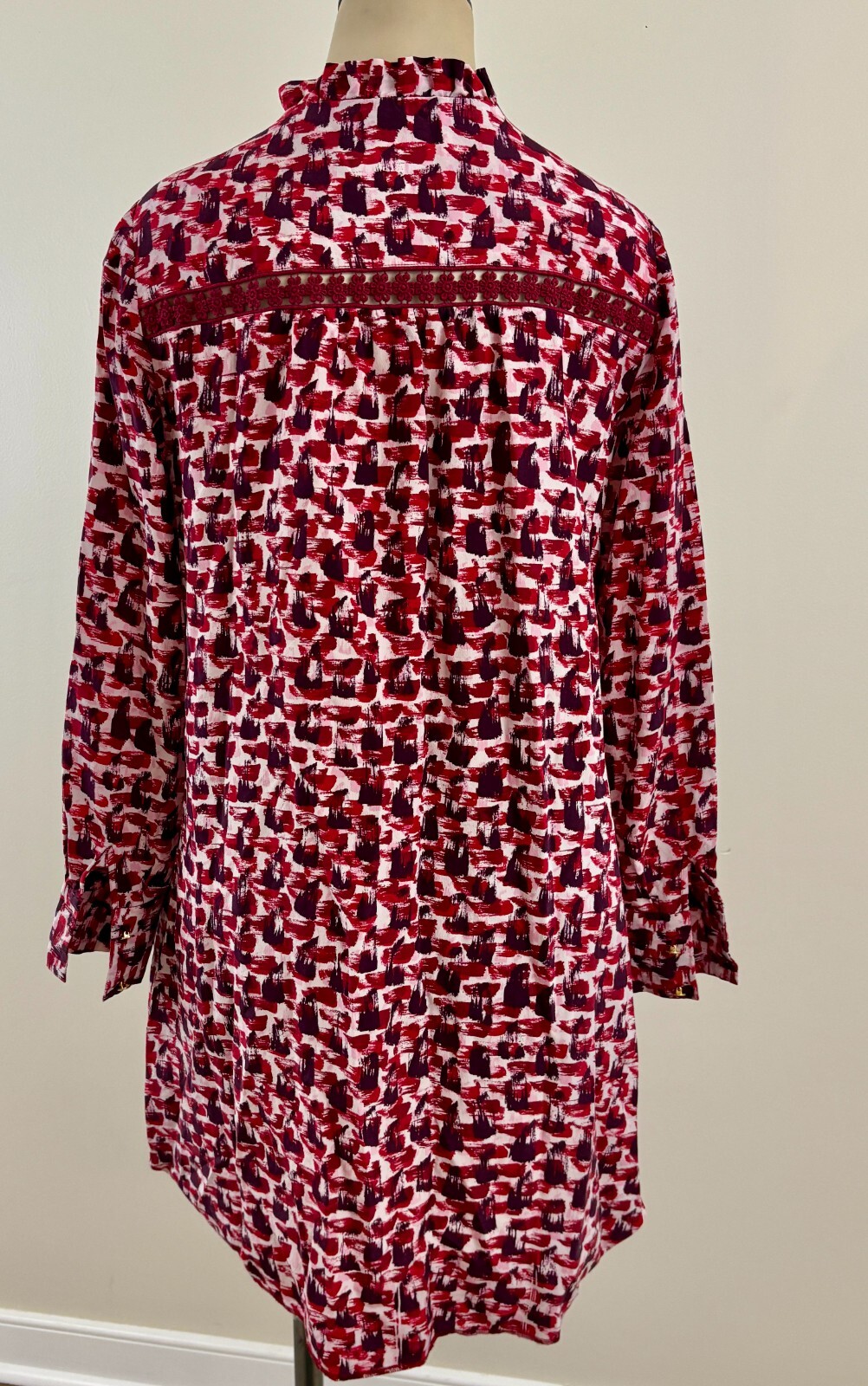 KATE SPADE Women XS Red Abstract Pintuck 100% Silk Floral Lace Long Sleeve Dress