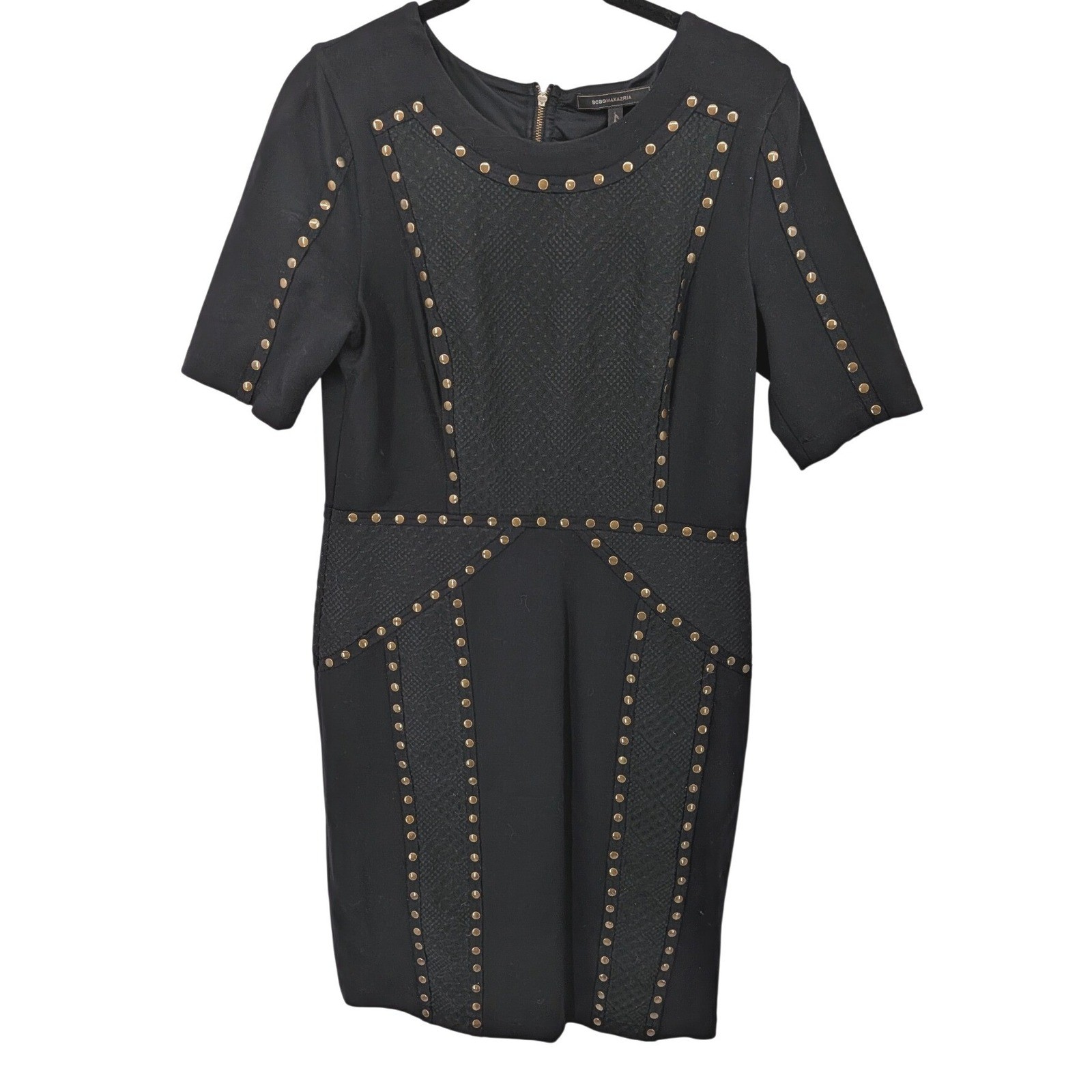 BCBGMAXAZRIA Dress Womens Medium Black Studded Textured Edgy Moto Goth Biker