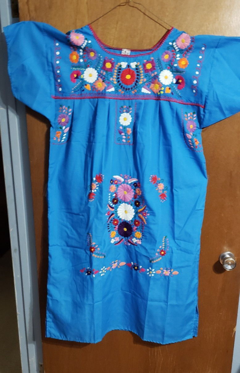 Genuine Women’s Cotton Embroidered Mexican Dress Blue S Lg Chest 23″ L 46″ NEW