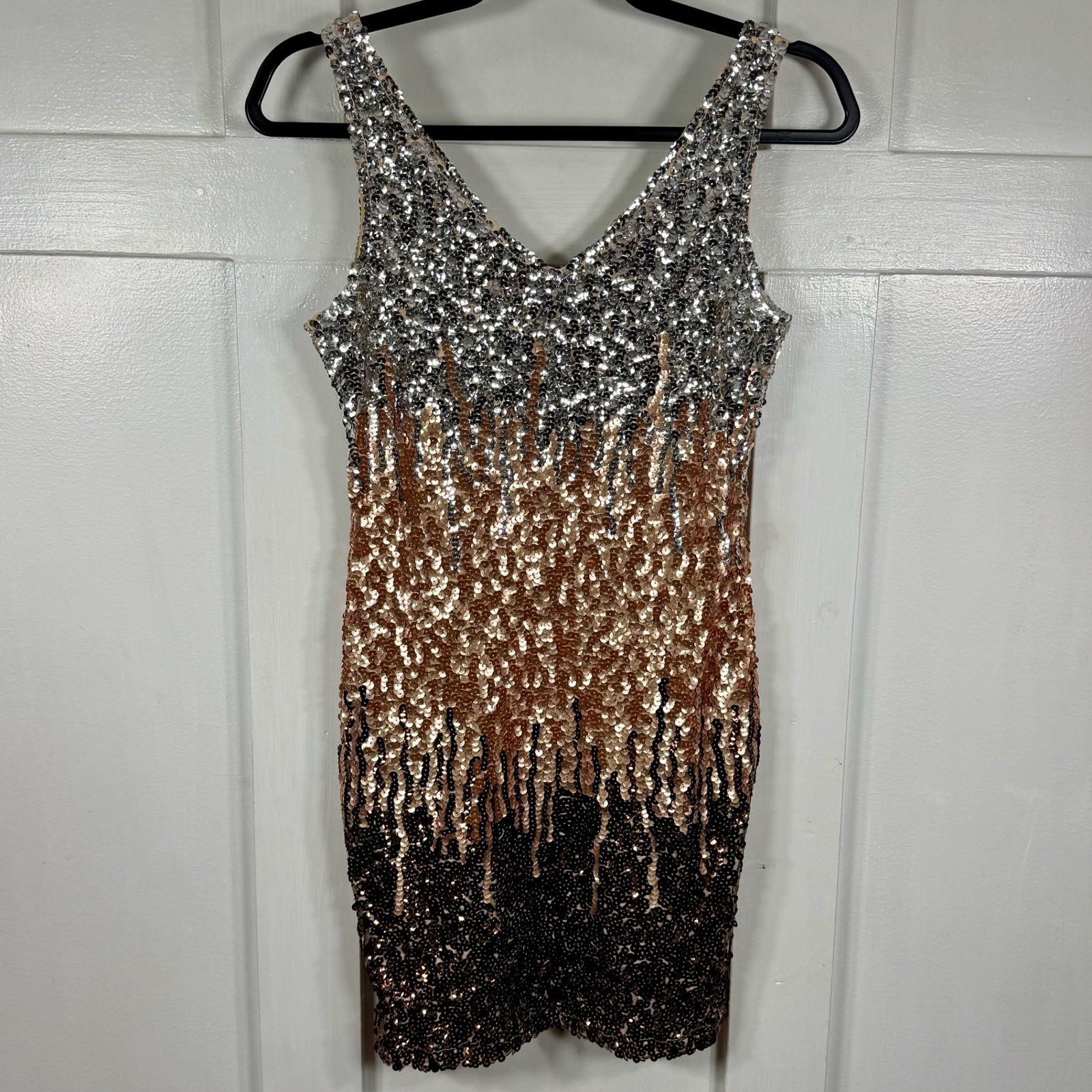 PrettyGuide Womens S Sparkly Sequin V Neck Sheath Mini Dress Copper Black Silver