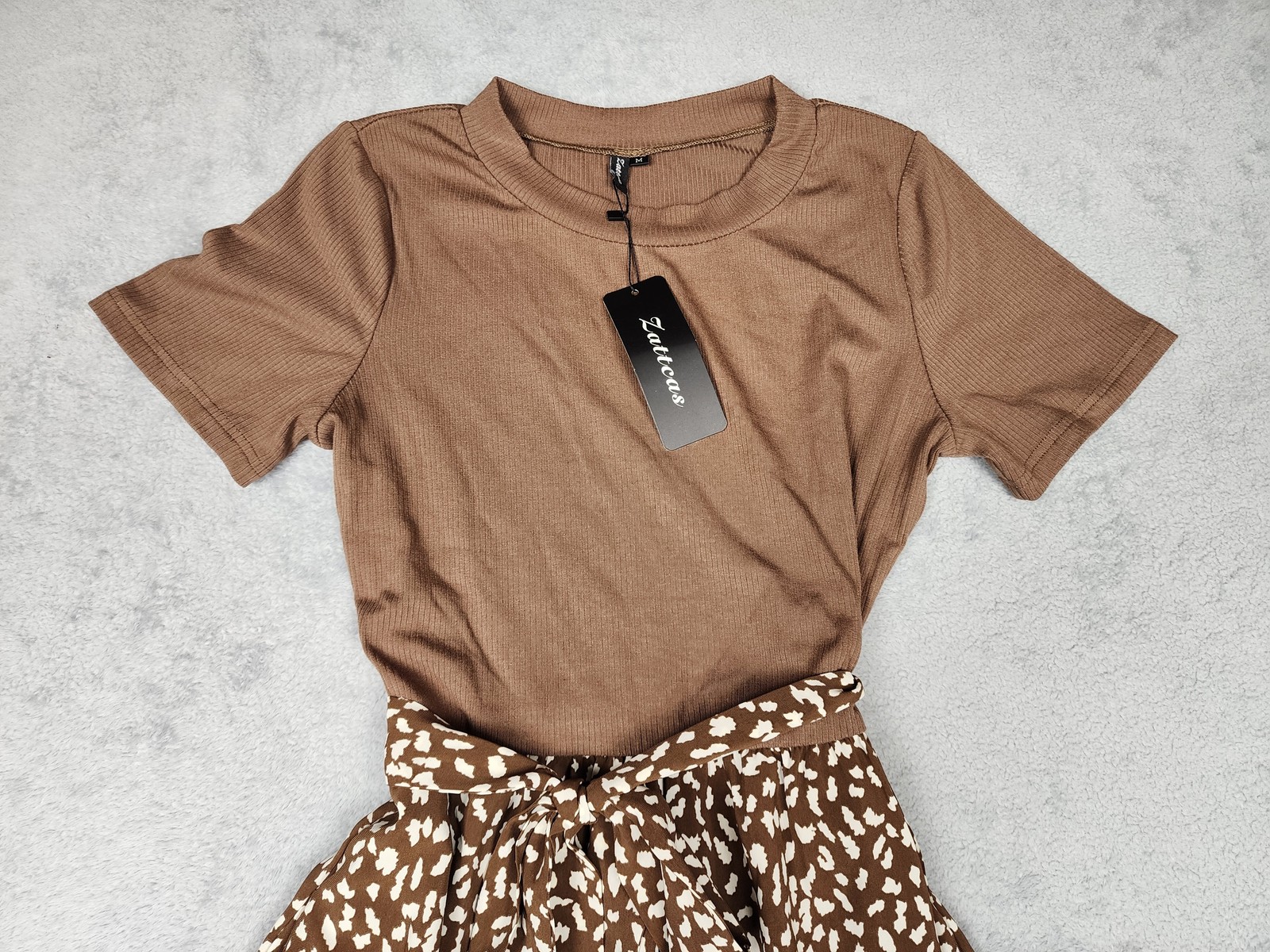 Zattcas Dress Womens Medium Brown Short Sleeve Midi Belted Animal Print Pockets