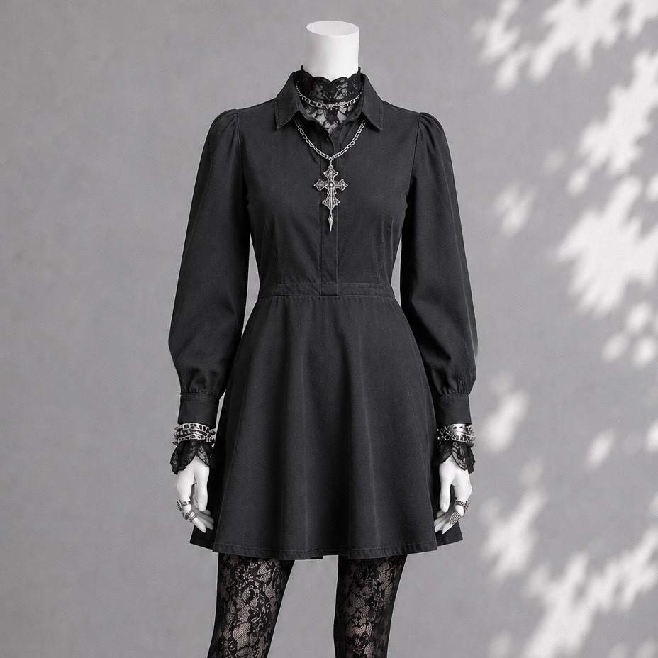 Disturbia Styx Mini Shirt Dress US 6 Black Long Sleeve Whimsigoth Emo Minimalist