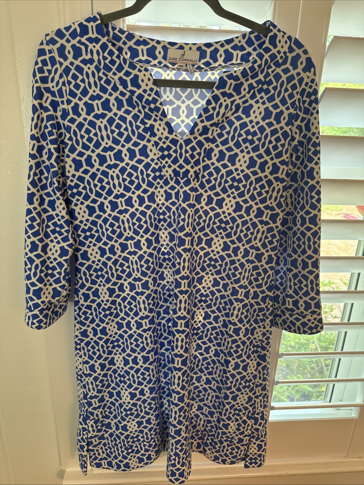 Jude Connally Geometric Lattice Shift Dress Size M Blue White Resortwear Beach