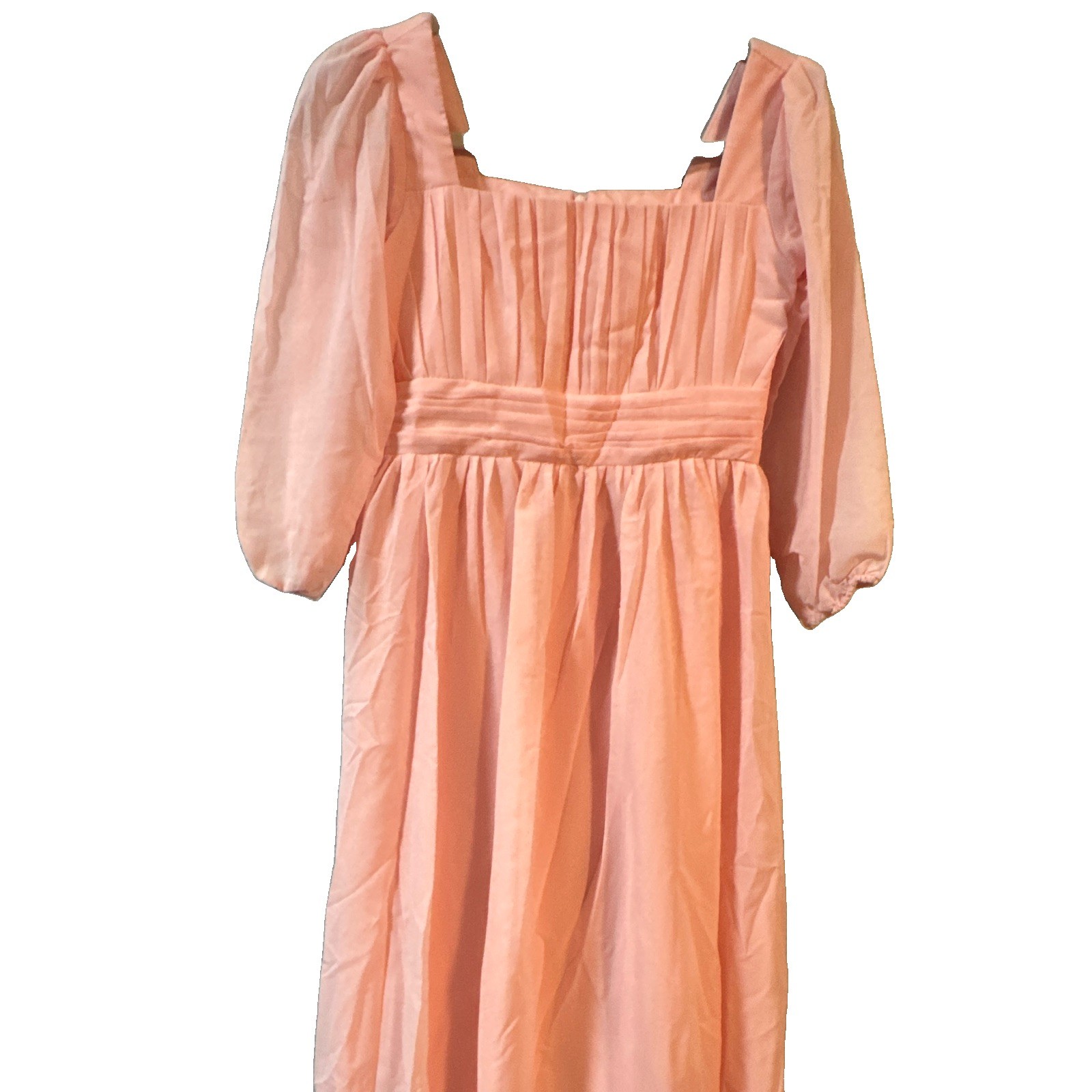 Women’s Pink Square Neck Puff Sleeve Maxi Dress Smocked Chiffon Ruffle M