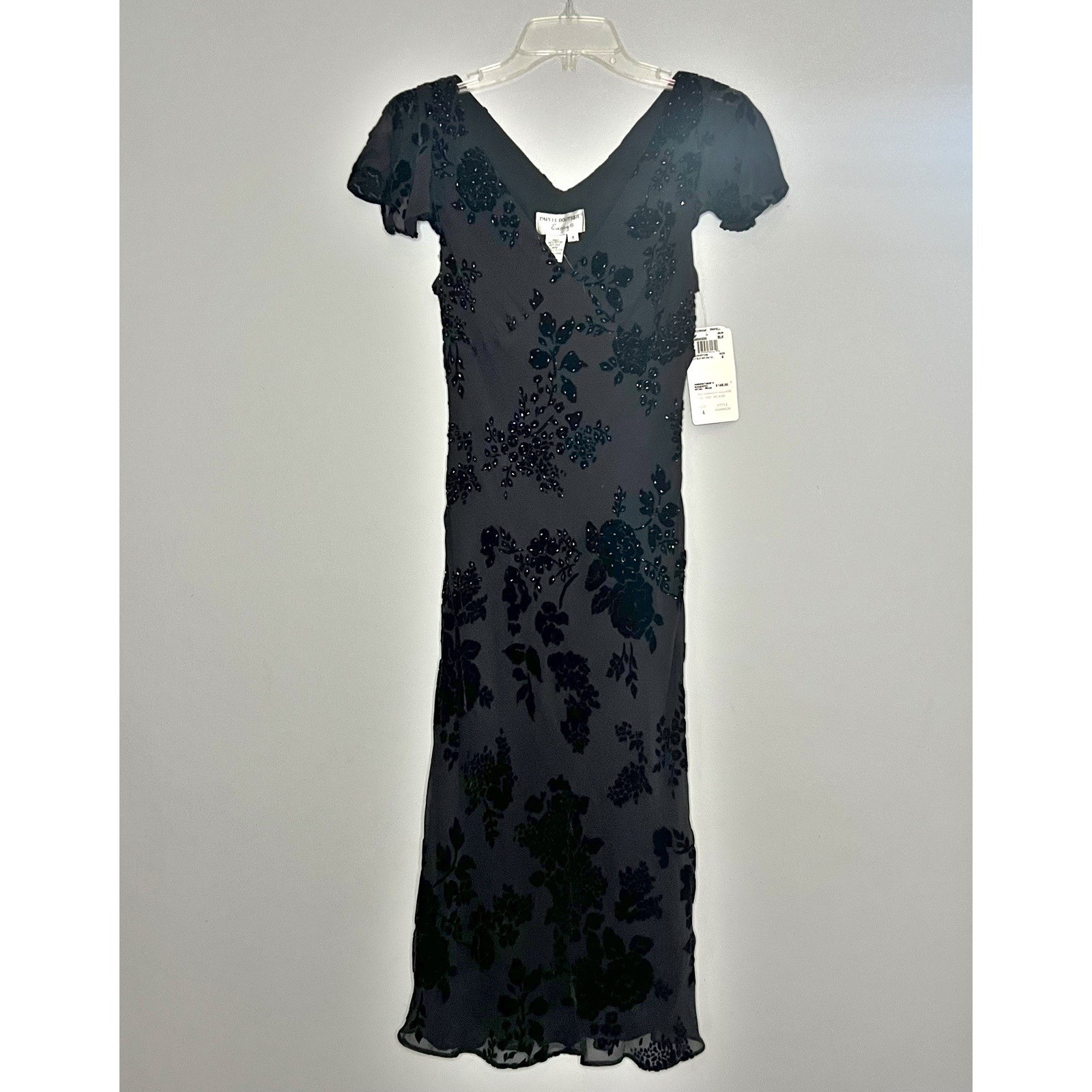 Papell Boutique Evening Dress Size 4 Velvet Silk Black Beaded Cocktail Party