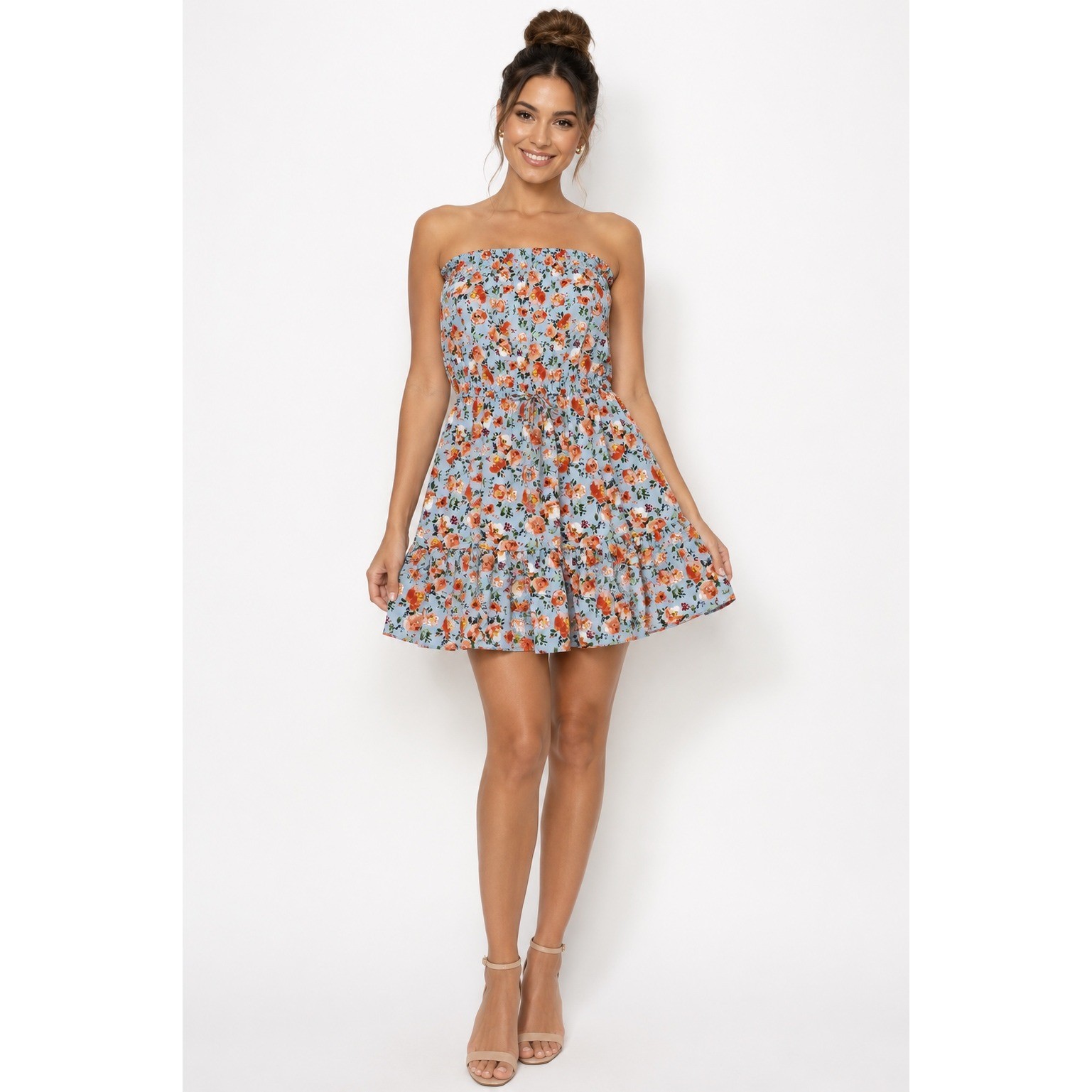 Umgee USA Floral Strapless Mini Dress Blue Orange Ruffle Hem Drawstring Large