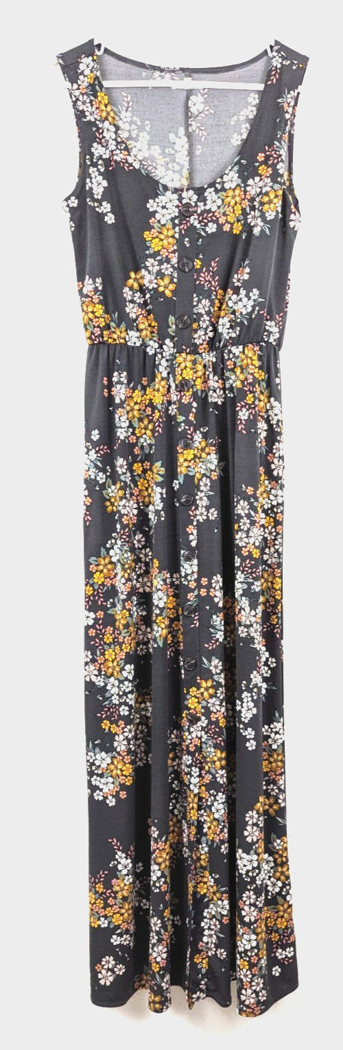 Maurices sz XS Maxi Dress slinky stretchy sleeveless tank gray floral print 3360