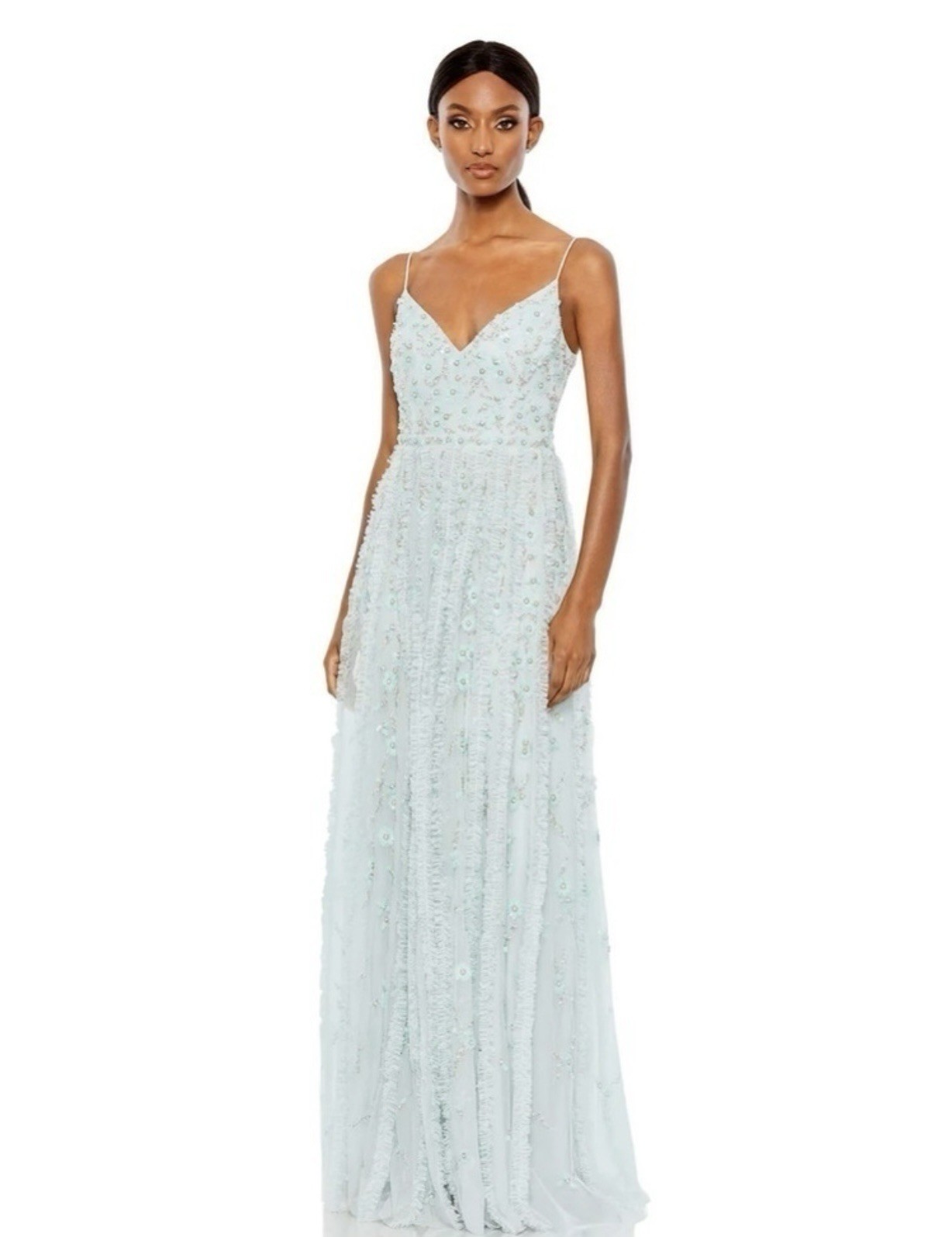 Mac Duggal 9166 Sz 14 Seamist Blue Embellished A-line Pearls Gown $598