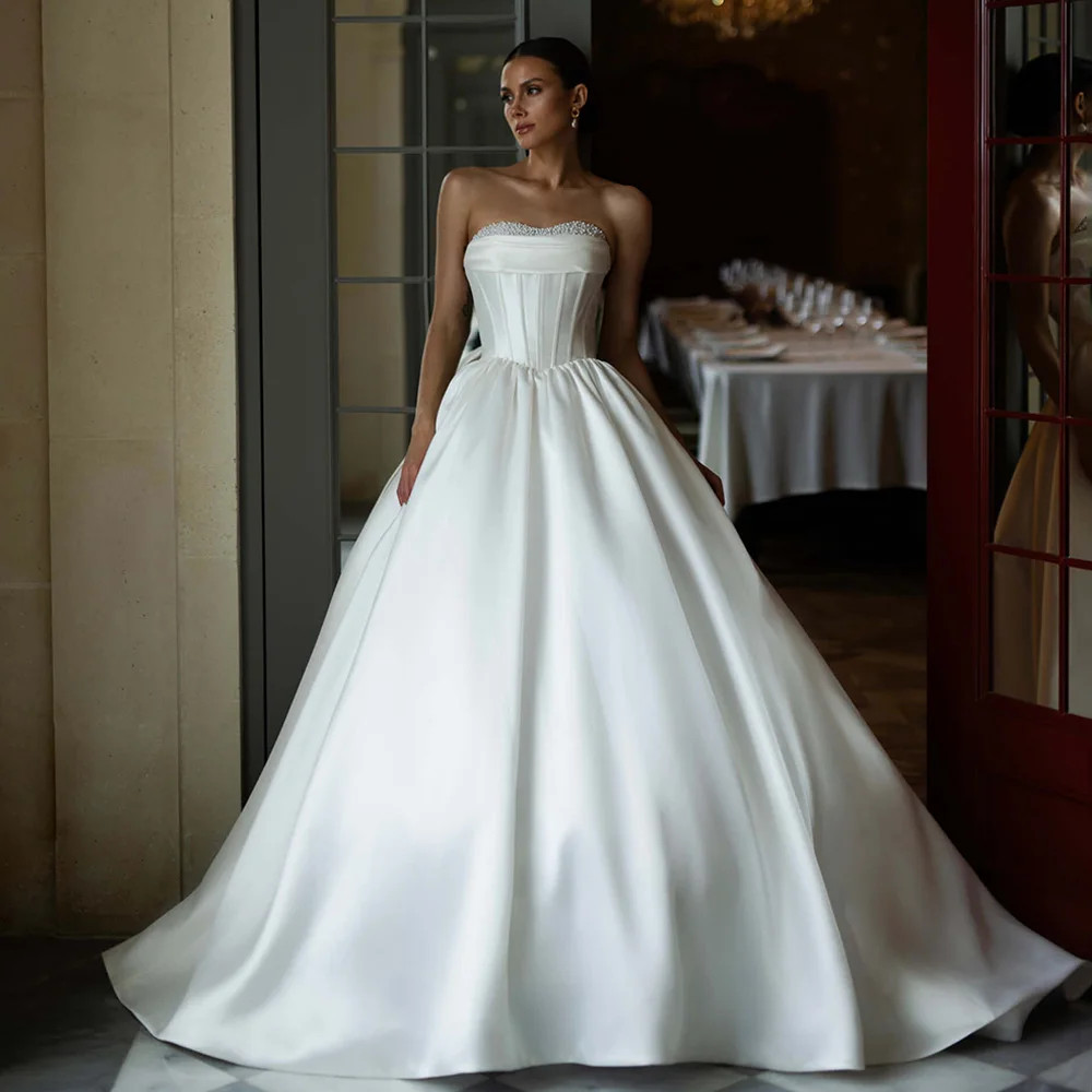 Evening Dress Wedding Dresses Pearl Pleated Corset Mariee Gowns Sweeping Train