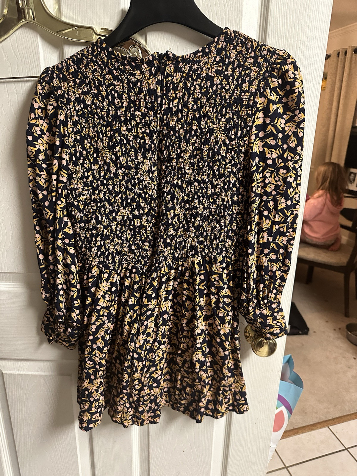 French Connection Floral Smocked Dress Tunic Black Gold Pink Baby Doll XL 16