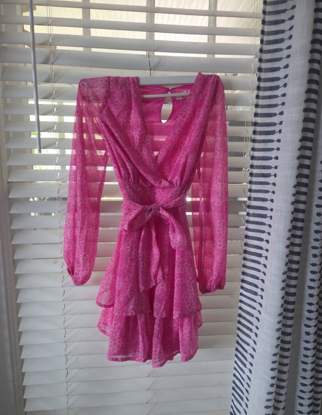 Japna: Long Sleeve Ruffled Short Dress in Chiffon Pink and White Floral Medium
